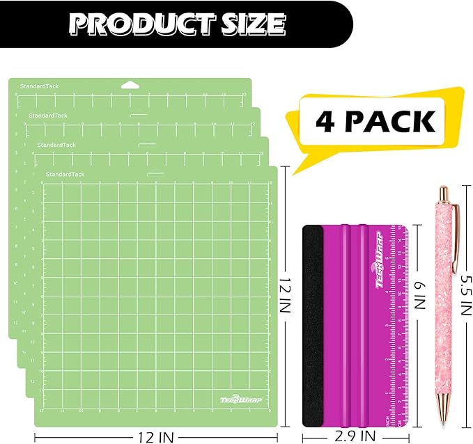 TECKWRAP 4 Pack 12"x12" Green Standard Adhesive Cutting Mats, with Precision Vinyl Pin Pen & 6 Inch Squeegee - Ideal for HTV, Vinyl, Quilting & Crafting, Compatible with Popular Cutting Machines