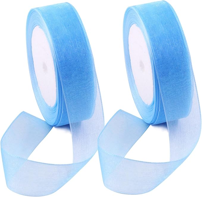 Swpeet 2 Rolls 50 Yards x 1 Inch Blue Shimmer Sheer Fabric Ribbons Organza Ribbon, Transparent Sheer Ribbon Chiffon Fabric Ribbons for Bouquets Wedding Birthday Decoration