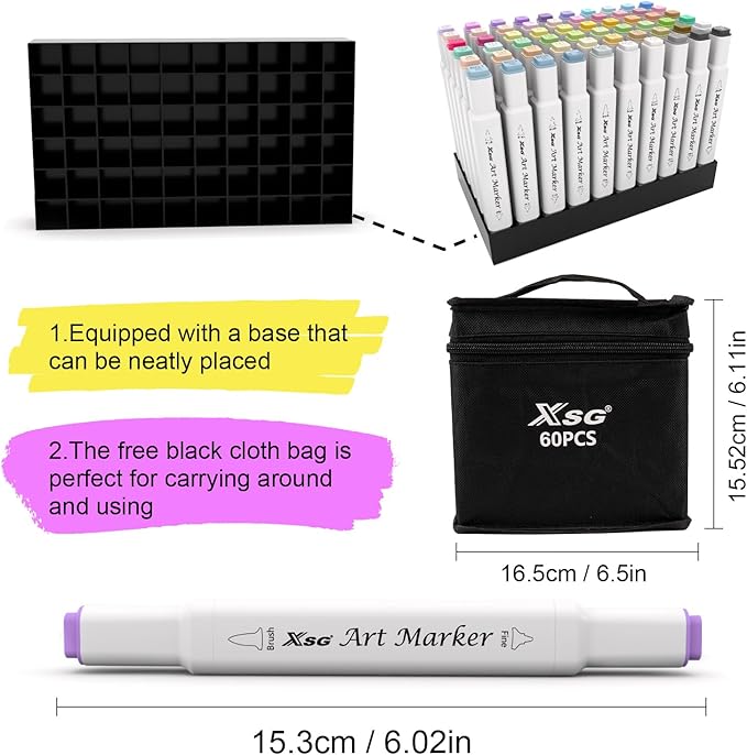 XSG Alcohol Markers,60 Colors Dual Tip Brush & Fine Tip Art Marker Set,for Blending & Shading,Ideal for Coloring Books & Professional Artwork,Includes Blender Pen & Portable Case