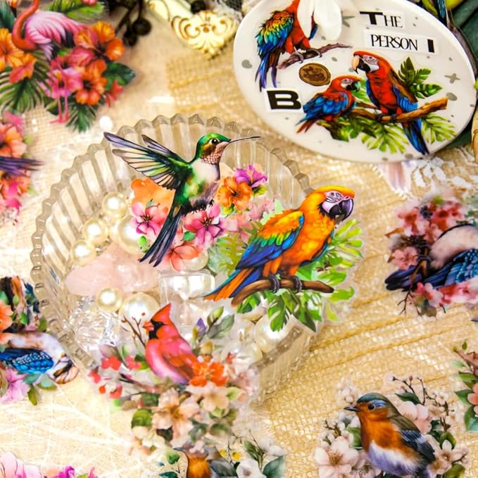 180 Pcs Clear Bird Flower Stickers for Scrapbooking – Vintage Watercolor Aesthetic Nature Forest Wildlife Botanical Sticker Pack for Journaling, Card Making, Resin Crafts