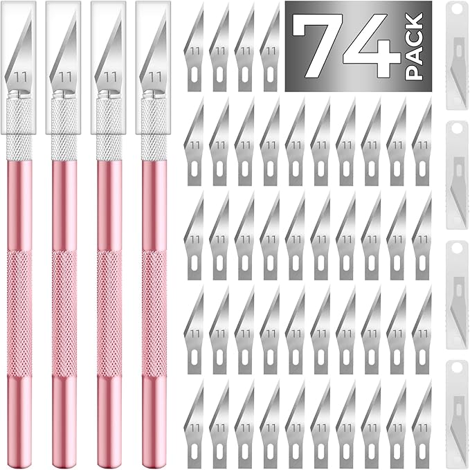 JTIEO Exacto Knife,74 Pack Hobby Knife with 4 Upgrade Sharp Hobby Knives and 70 Spare Exacto Knife Blades for Art,Stencil,Scrapbooking (Pink)
