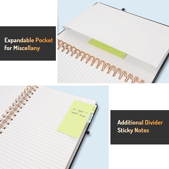 Forvencer Lined Spiral Journal Notebook with 300 Numbered Pages, A5 Thick Journals for Writing with 100GSM Paper, Hardcover Notebooks with Contents for Work, School, Women, Men, Black