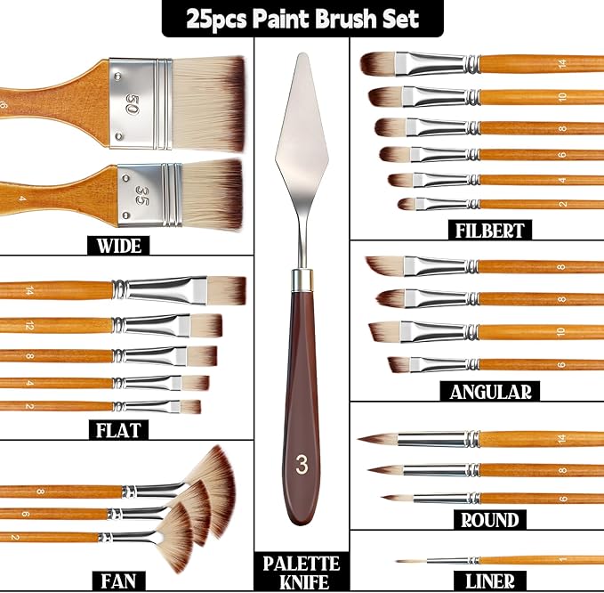 25pcs Paint Brush Set, Professional Paint Brushes with Canvas Roll and Palette Knife, Acrylic Paintbrush Kit for Artist,Watercolor,Oil,Gouache