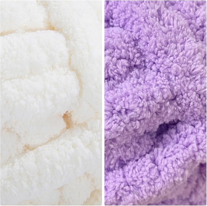 HOMBYS 8 Pack Assorted Chunky Yarn for Crocheting,Super Bulky Large Soft Fluffy Yarn,Plush Fuzzy Yarn,Thick Chenille Yarn for Hand Knitting/Arm Knitting,4 Cream,4 Purple(27yds,8 oz Each Skein)