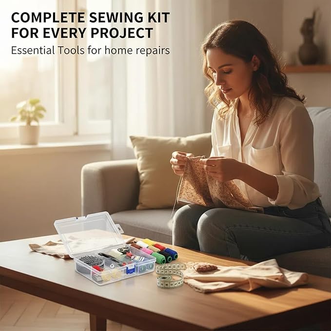 50 Pcs Big Eye Steel Sewing Needles Kit with Multicolor Threads, Needle Case, Scissors & Accessories for Beginners & Professionals