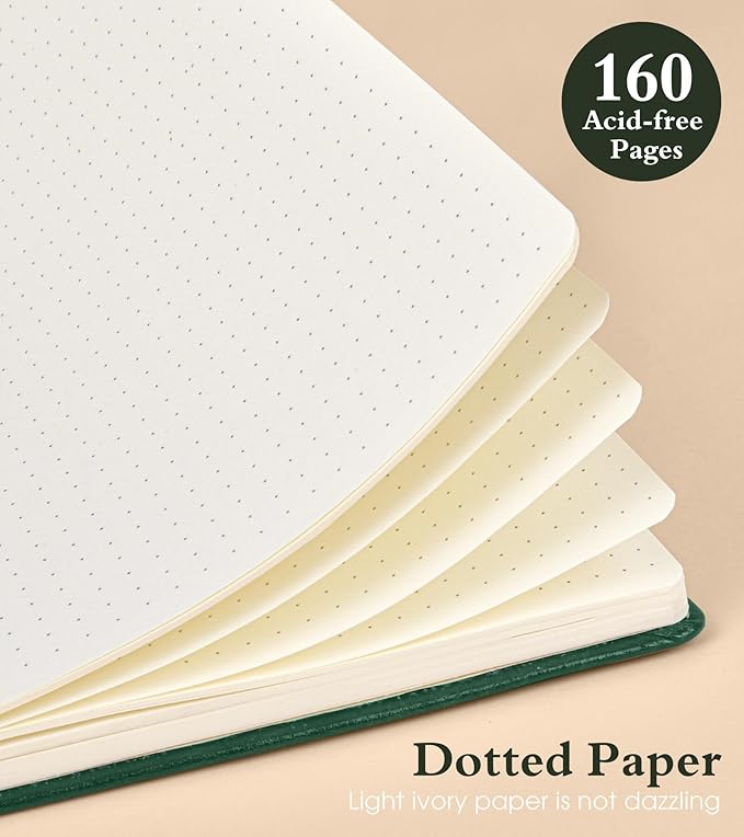 Dotted Journal Notebook for Women Men, 160 Pages Dot Grid Journals for Writing, A5 Hardcover Vintage Leather Bullet Journaling Notebooks for School, Work, Travel, Note Taking 5.8"x8.5"(Green)