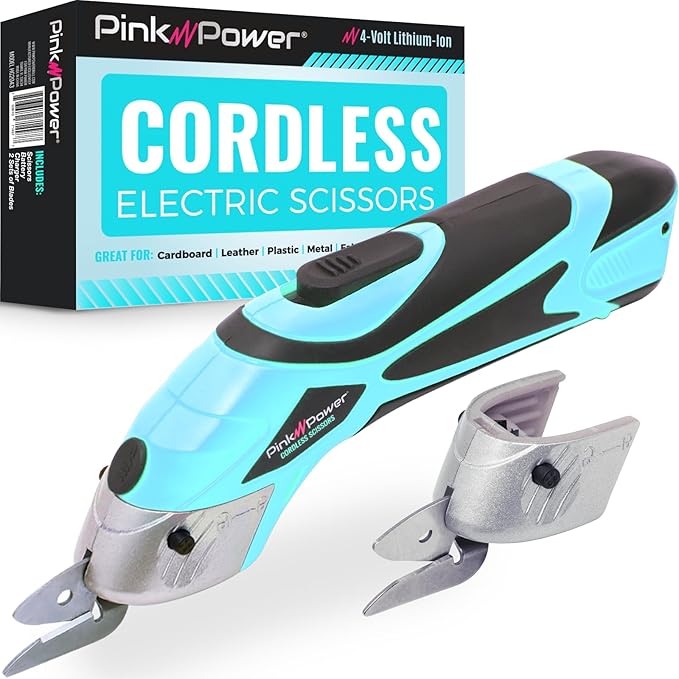 Pink Power Electric Fabric Scissors Box Cutter for Crafts, Sewing, Cardboard, Carpet, & Scrapbooking - Heavy Duty Professional Shears Cutting Tool - Aqua Splash Automatic Cordless Electric Scissors