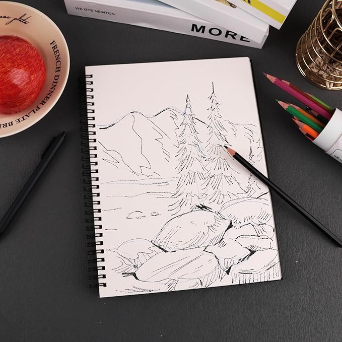 DSTELIN 10 x 7.5 Inch Black Sketchbook, Spiral Bound, 50 Sheets Acid-Free Drawing Paper, Ideal for Beginners and Professionals