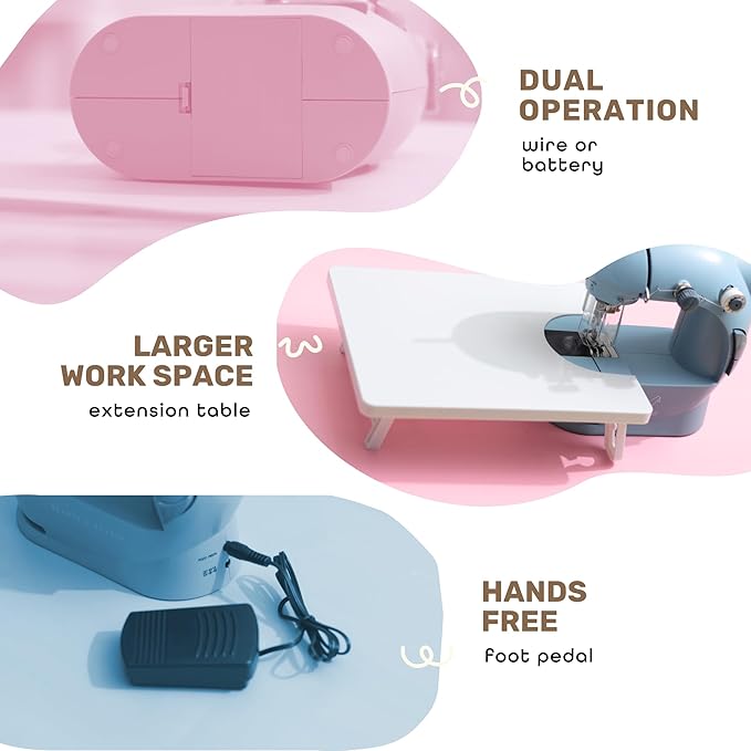 CraftBud Mini Sewing Machine for Beginners, Dual Speed Small Portable Sewing Machine for Kids and Adults with Extension Table, 122 Piece Gift Set Includes, Fabrics, Projects Book, Light and More, Blue