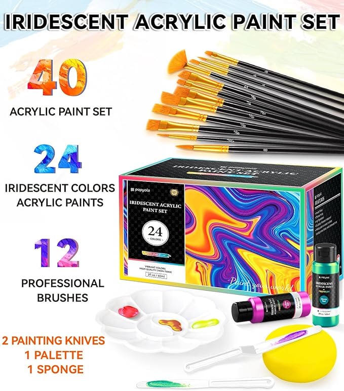 40 PCS Iridescent Acrylic Paint Set with 12 Brushes, 2 Knives & Palette, 24 Colors (2oz/60ml) Art Craft Paint for Adults Kids Artists Beginners, Canvas Ceramic Rocks Wood Painting Kit Art Supplies