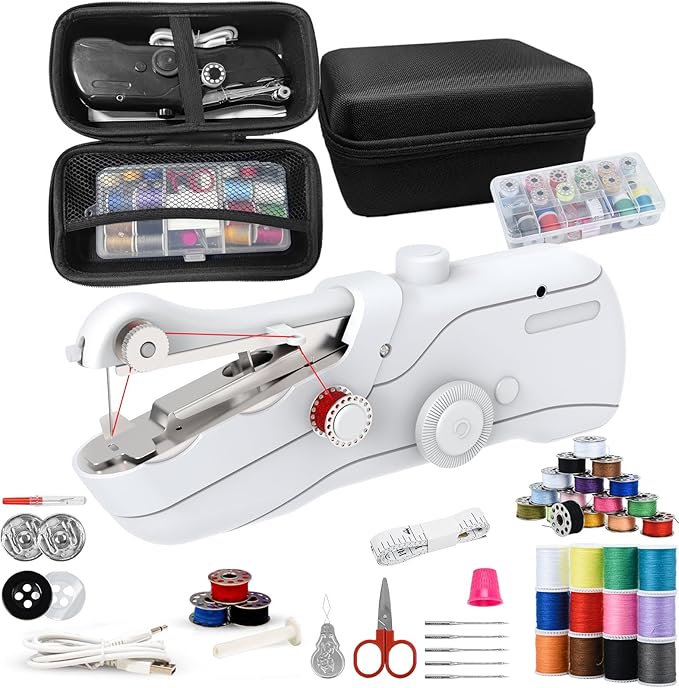 Beginner's Sewing kit with Storage Handheld Sewing Machine, Portable Sewing Machine with Storage, Electric Switch, Two Speed Modes,Easy to Operate.Sewing Machine for Beginners.White with Accessories.
