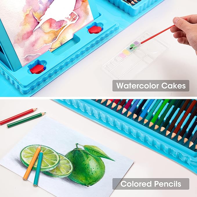 VigorFun Art Supplies, 240-Piece Drawing Art Kit, Gifts Art Set Case with Double Sided Trifold Easel, Includes Oil Pastels, Crayons, Colored Pencils, Watercolor Cakes, Sketch Pad (Blue)