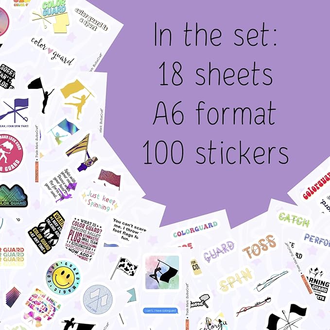 BulbaCraft 100Pcs Color Guard Stickers for Water Bottle and Laptop - Color Guard Party Supplies & Decorations, Waterproof Vinyl Decals, Marching Band and Flag Stickers, Gifts for Women & Men