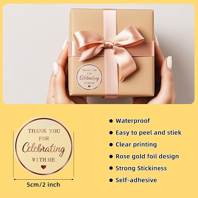 2 Inch Thank You for Celebrating with Me Stickers, 120Pcs Rose Gold Round Labels for Birthday Stickers, Package Favor Sticker, Weddings Shower Thank You Favor Tag Sticker