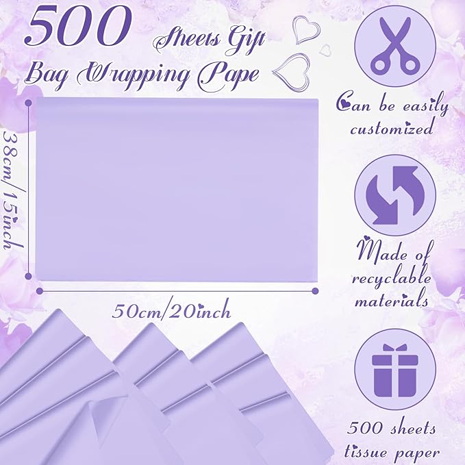 Qilery 500 Sheets Lavender Tissue Paper Bulk 15x20 Inch Acid Free Paper for Gift Bags, Floral Bouquet Wrapping, Valentine's Day Easter DIY Crafts, Wedding, Baby Shower Decor, Shipping Packing