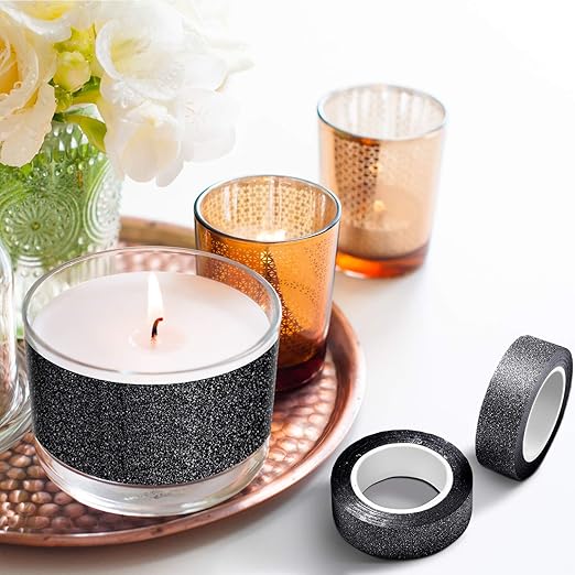 Zonon 4 Rolls 0.6 Inch x 11 Yards Glitter Washi Tape Crafting Glitter Masking Tape for Festival Decoration Scrapbooking, Journal, Planner, Gift Wrapping(Black)