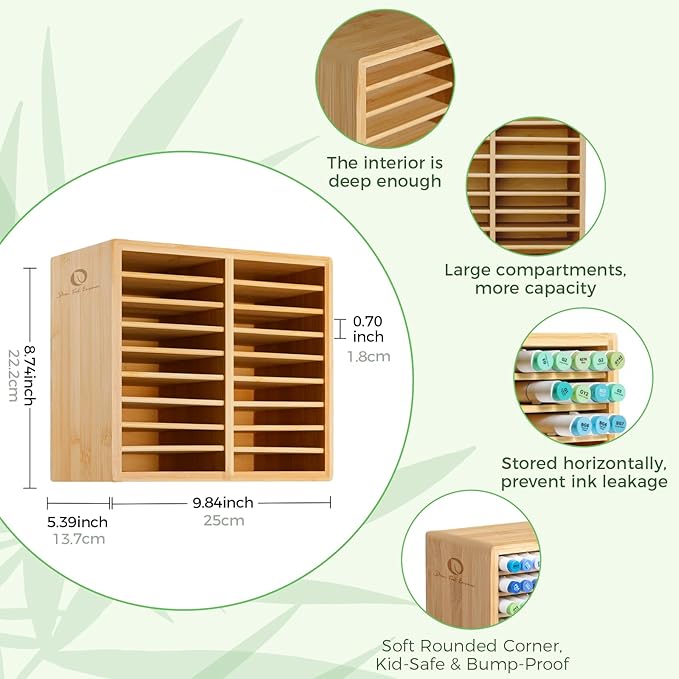 Ohuhu Bamboo Marker Organizer, Wooden Desktop Storage Hold 126 Markers, Pens, Pencils, Art Brushes Stationary Organizer Pencil Holder with 18 Compartments for Home, Classroom, Office Decor