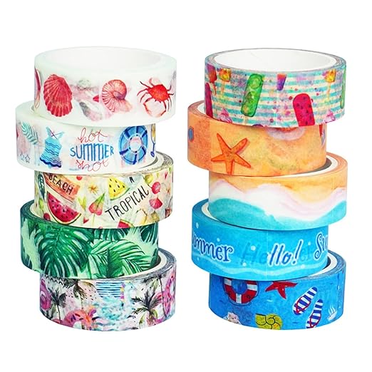 Summer Washi Tape Set 10 Rolls - Beach Ice Cream Masking Decorative Tape for Bullet Journal, Planner, DIY Arts Crafts, Scrapbooking Party Favors ﻿ (Summer)