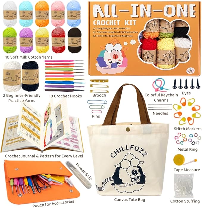 ChillFuzz Crochet Kit for Beginners 85 Piece Complete Crochet Set with Yarn, Hooks, Pattern Book – Beginner Crochet Kit for Adults & Kids with Tutorials, Great Christmas Gift for Craft Lovers Basic