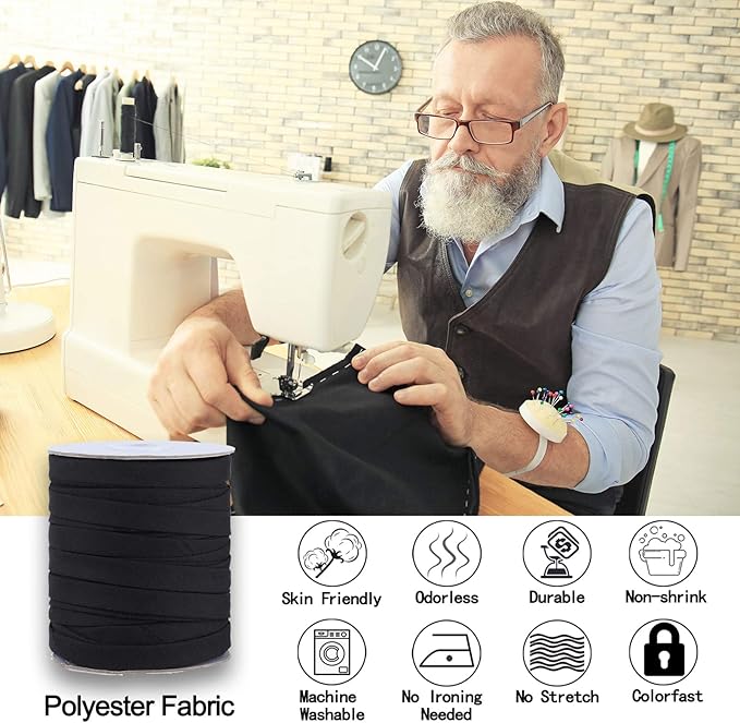 Bias Tape Double Fold 1/2 inch, Double Fold Bias Binding Tape 55 Yards (Black) and 4 Pieces Sewing Fabric Chalks for Crafts, Sewing, Seaming, Hemming, Piping, Quilting.