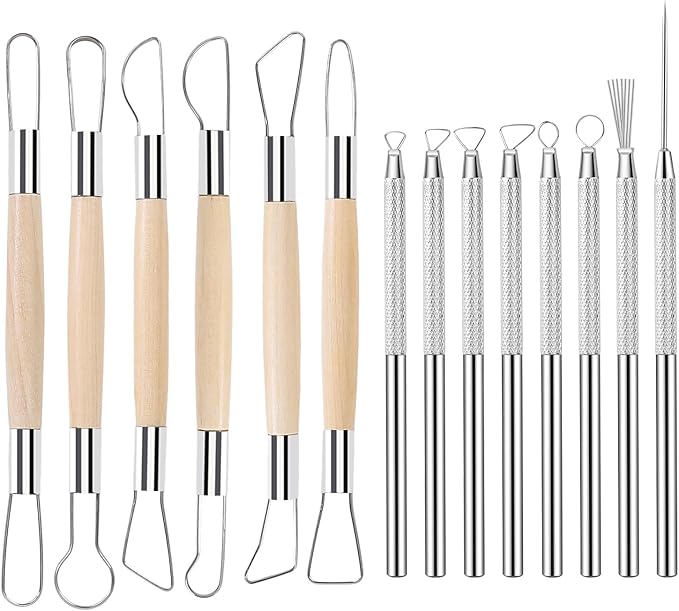 Tovotum 14PCS Ceramic Pottery Clay Ribbon Sculpting Tool Set with Feather Wire Texture and Needle Detail Tools for Carving Modeling