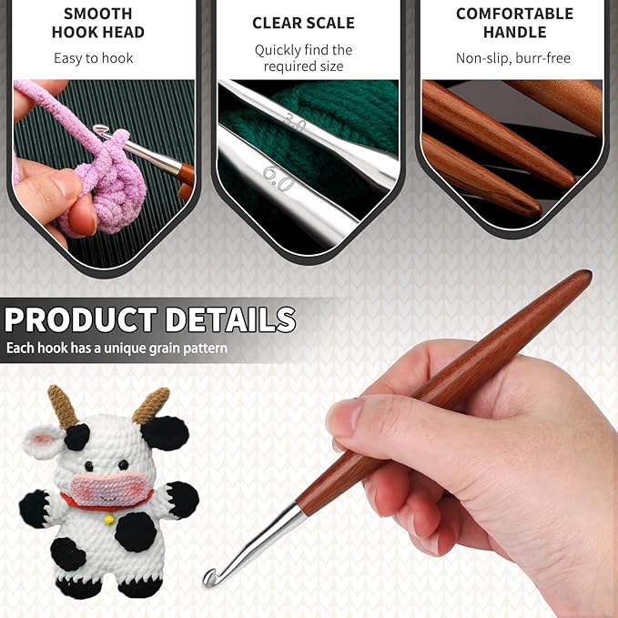 Lunarm 10mm Crochet Hook, Ergonomic Aluminum Crochet Hook with Wood Handle Available in 3mm-10mm for Arthritic Hands DIY Craft Knitting Dolls, Bouquets, Blankets, Hats, Gloves from Various Yarns