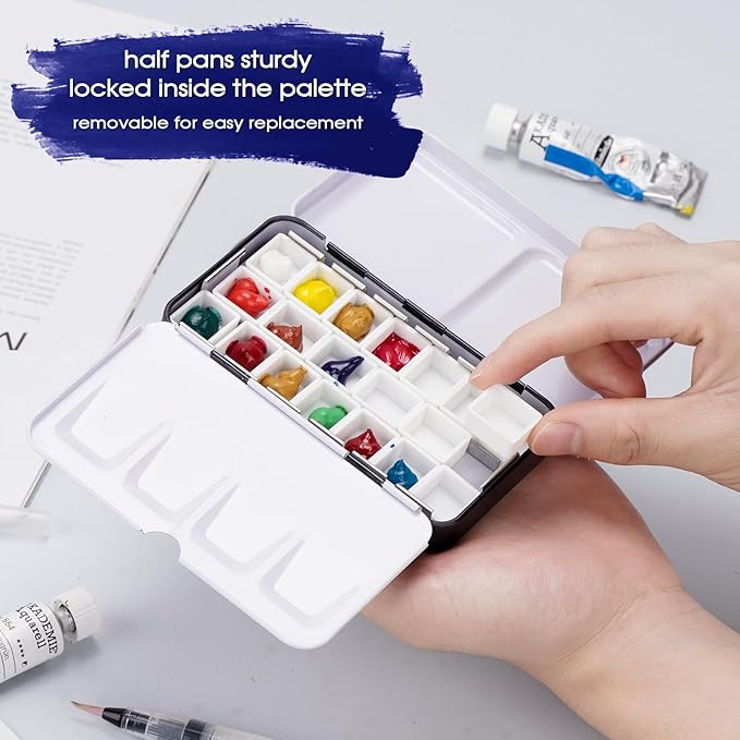 PEVART Empty Watercolor Paint Palette case,Metal Water Color Tin Box Palette with 50 Half Pans and Fold-Out Mixing Painting Tray-Portable Travel Watercolor Palette, Plain Air Painting