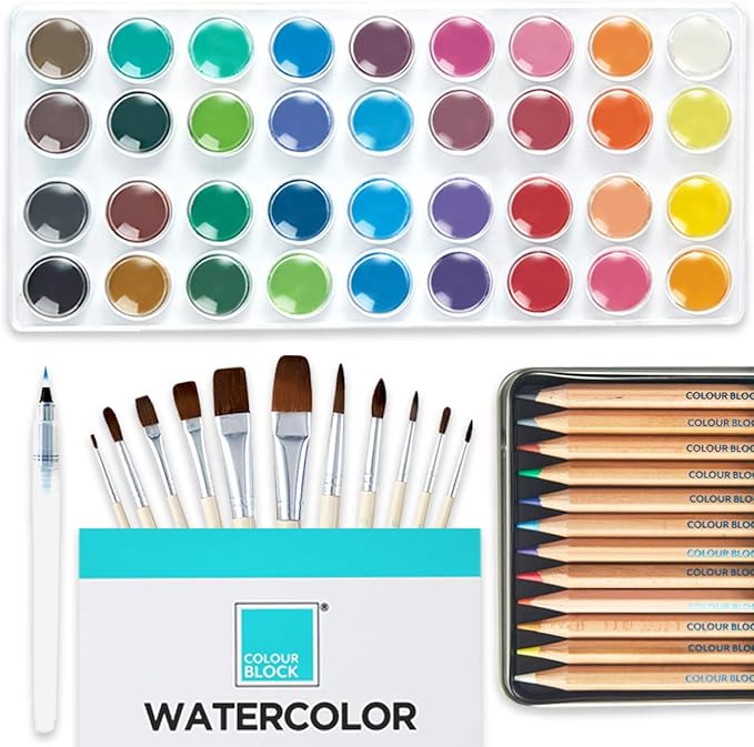 COLOUR BLOCK 62-Piece Watercolor Paint Set, Pencil, Brushes and Water color Paper Painting Set Vibrant Colors Art Kit