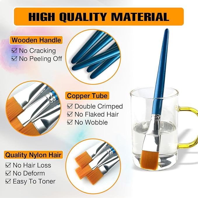 Great Andrew 12 Pieces 1 inch Flat Paint Brushes for Acrylic Painting, Small Paint Brushes with Wooden Handle for Acrylic, Watercolor, Oil, Crafts, Face Body DIY Painting