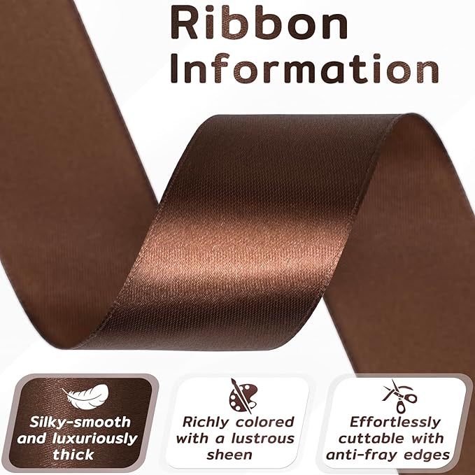 60 Yards Brown Ribbon 1-1/2 Inch, Solid Brown Satin Ribbon for Gift Wrapping, Crafts, Flower Bouquet, Wedding, Baby Shower, Festival, Christmas, Halloween