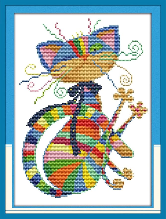 Stitchmelody Stamped Cross Stitch Kits for Beginners,11CT Printed Pattern Embroidery Kit,DMC Threads Needlepoint Kits for Adults-Colorful Cat 12.6''X16.5''