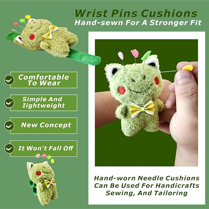 Lovely Frog Wrist Pin Cushion Kit for Sewing with 50 Cute Bird Needles,Including Threader, Thimble ＆Tape Measure for Hand Sewing Cross Stitch Craft Knitting Quilting.