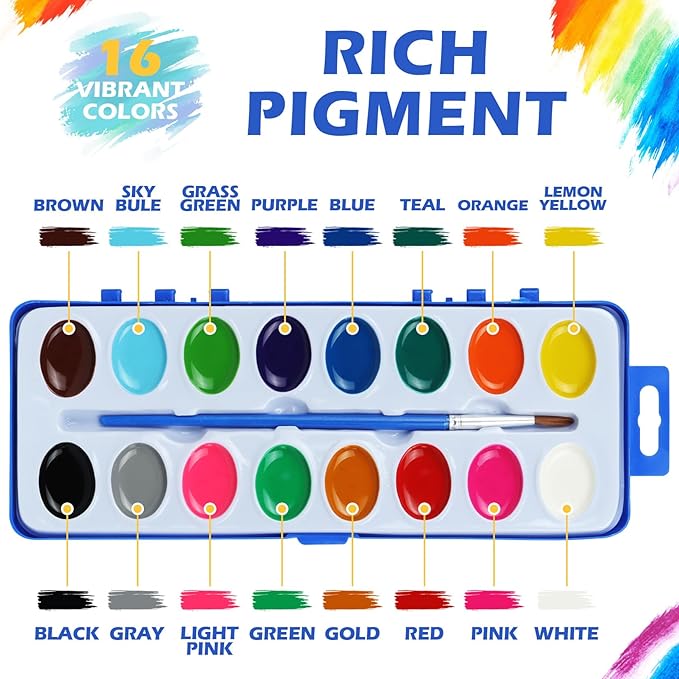 Watercolor Paint Set for Kids - Bulk Pack of 6, 16 Colors Washable Water Color Paints Sets with Paintbrush, Kids Watercolor Paint Set for Coloring, Art, Classrooms and Paint Supplies