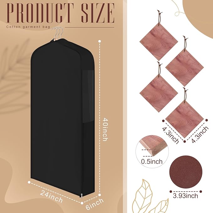 40in Short Cotton Garment Bag for Hanging and Storage Clothes with 4 Cedar Blocks for Fresh Smell, Breathable Hanging Bags for Closet Storage Fur Coat Suit Sweater Jacket, 6in Wide, Black