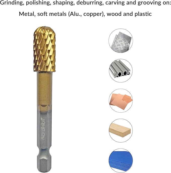 NordWolf 5-Piece Rotary Burr Carving Rasp Files Set, with 1/4" Hex Shank for Metal, Soft Metal, Wood & Plastic Deburring, Shaping, Grooving, Polishing and Grinding