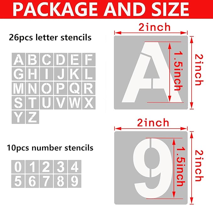 YEAJON 2 Inch Letter Stencils and Numbers, 36 Pcs Alphabet Art Craft Stencils, Reusable Plastic Templates for Wood, Wall, Fabric, Rock, Signage, DIY Art Projects