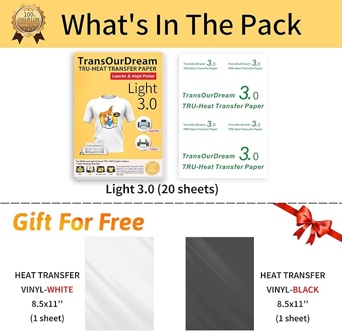 TransOurDream Iron on Heat Transfer Paper for Light Fabric (20 Sheets, 8.5x11") Printable Iron on Transfers for Inkjet Printer & Laserjet Printer, Heat Transfer Vinyl for T Shirts (2 Sheets, 8.5x11")