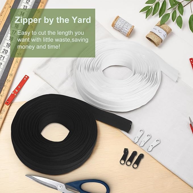 #10 Zippers Bulk 10 Yards 360 inch Black Nylon Coil Zipper by The Yard with 20pcs Sliders and 20pcs Zipper Pulls for Replacement and Sewing Tailor Craft Bags, Luggage, Tents, etc.