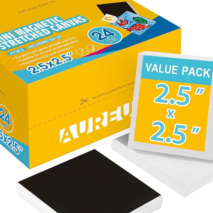 AUREUO Mini Magnetic Stretched Canvas 2.5x2.5 Inch / 24 Pack - Small Square Wrapped Canvas Board with Magnet Back, Art Gift Set Tiny Framed Bulk Pack Canvases for Christmas Painting & Craft