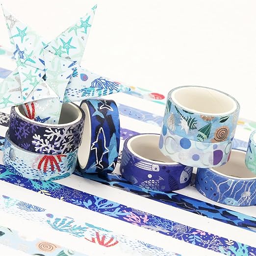 YUBX Ocean Blue Washi Tape Set 10 Rolls Silver Foil Print Decorative Masking Tapes for Arts, DIY Crafts, Journals, Planners, Scrapbook, Wrapping (Navy Silver)