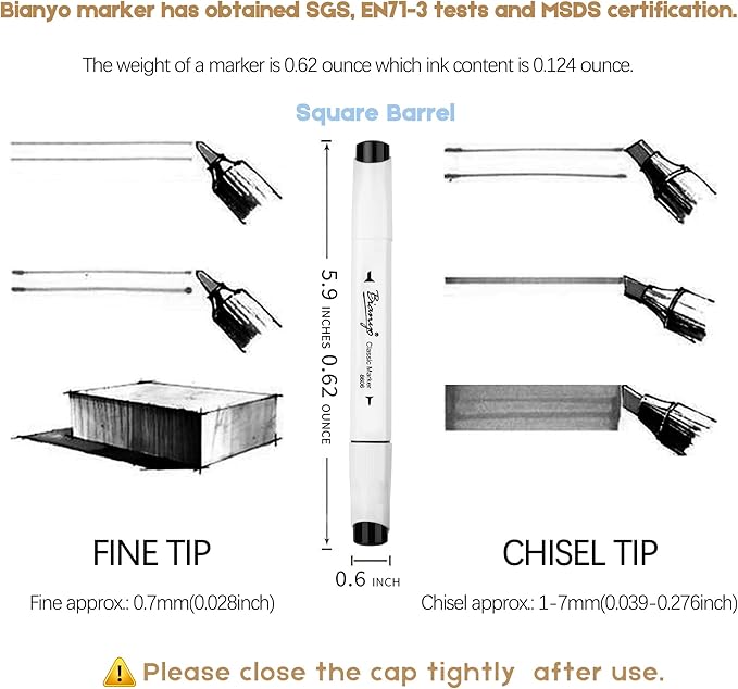 Bianyo 12 Black Alcohol Markers, Dual Tip Fine & Chisel Art Markers for Drawing, Sketching, Outlining & Highlighting