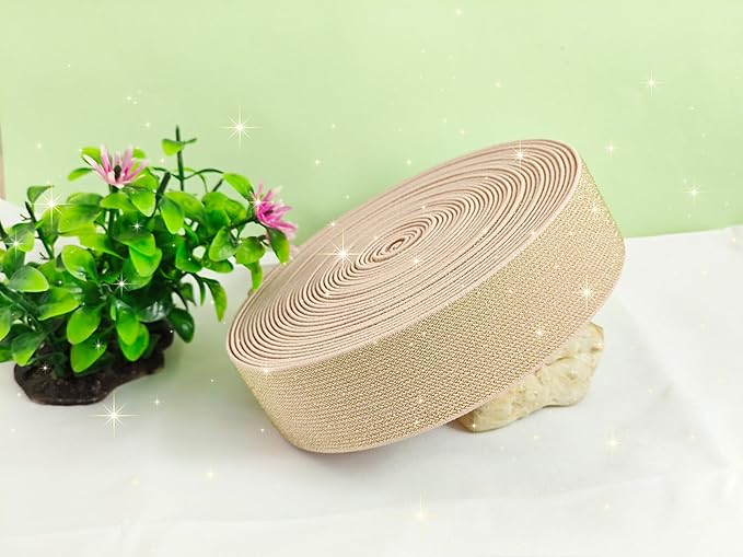 JESEP YONG 1.5 inch Glitter Pink Knit Elastic Band for Sewing 5 Yards Metallic Gold Ribbon Trims Spool Non-Slip Heavy Elastic Stretchy Strap for Pants Waistband-Wigs-Skirts-Craft Projects