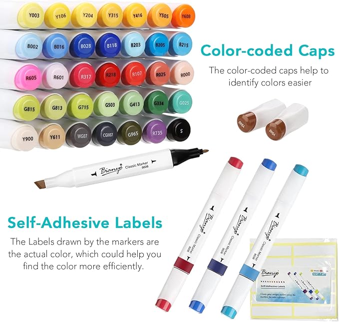 Bianyo 36 Colors Alcohol Markers Set, Dual Tip Fine & Chisel Art Markers with Black Carry Case for Adult Coloring Books, Sketching, Drawing & School Art Projects