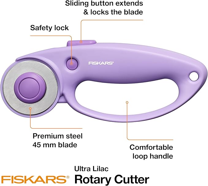 Fiskars Loop Rotary Cutter, Explore Collection Ultra Lilac, Precision-Ground Steel Blade for Fabric, Felt and Vinyl, 45mm