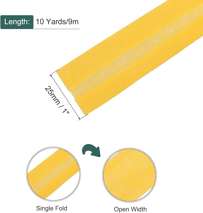 MECCANIXITY 1 Inch Single Fold Bias Tape Polyester Continuous Bulk Bias Tape for Sewing,Seaming Quilting Hemming Binding Crafts (Yellow 10 Yards)