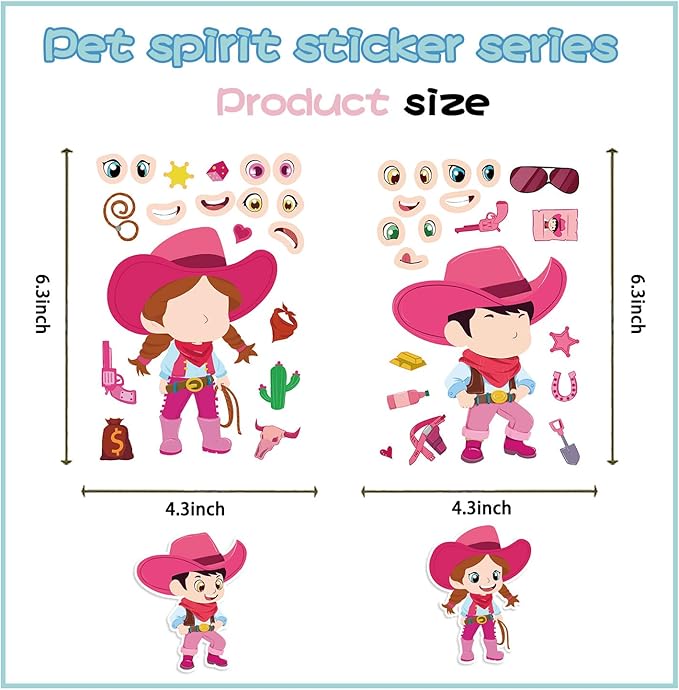 24 Sheets Pink Western Make-a-Face Stickers – DIY Cowboy & Cowgirl Character Collage Stickers for Scrapbooking Journaling Planner Decoration