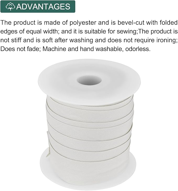 MECCANIXITY 1 Inch Single Fold Bias Tape Cotton Continuous Bulk Bias Tape for Sewing,Seaming Quilting Hemming Binding Crafts (Light White 25 Yards)