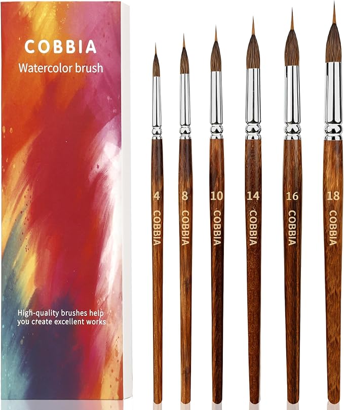 Watercolor Brushes Set of 6 - Extra Long Needle Point Detail Brushes for Fine Line Work, Featuring a Two-Layer Sable/Kolinsky Synthetic Blend for Continuous Painting & Broad Washes. Ideal for Artists.