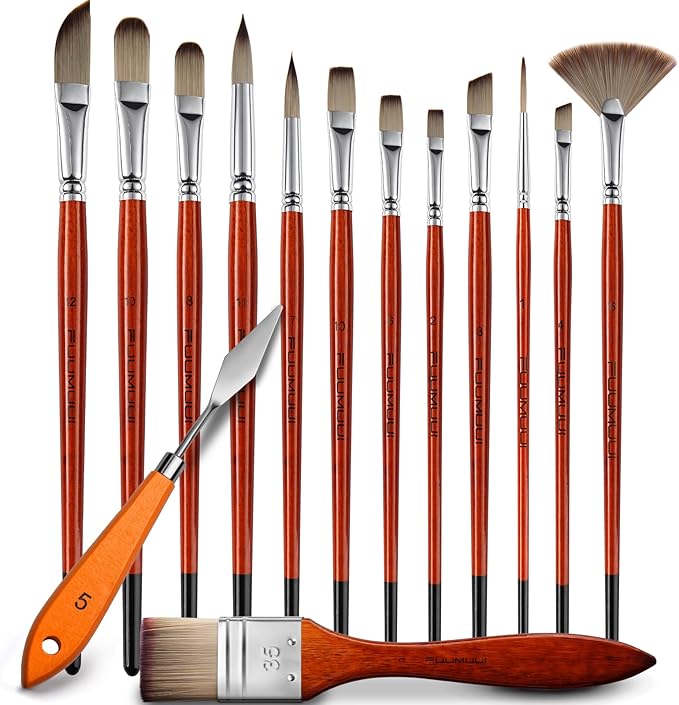 14pcs Acrylic Paint Brushes, Professional Synthetic Bristles Paint Brush Set with Extra Palette Knife - Flat, Filbert, Fan, Dagger, Round, Angle, Rigger Paint Brushes for Oil, Acrylic Canvas Paintings