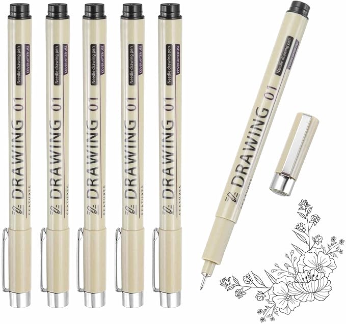 MECCANIXITY 01 Fineliner Ink Pens, 6Pcs 0.25mm Black Micro Pens with Waterproof Archival Ink for Watercolor Sketching Cartoon Technical Drawing